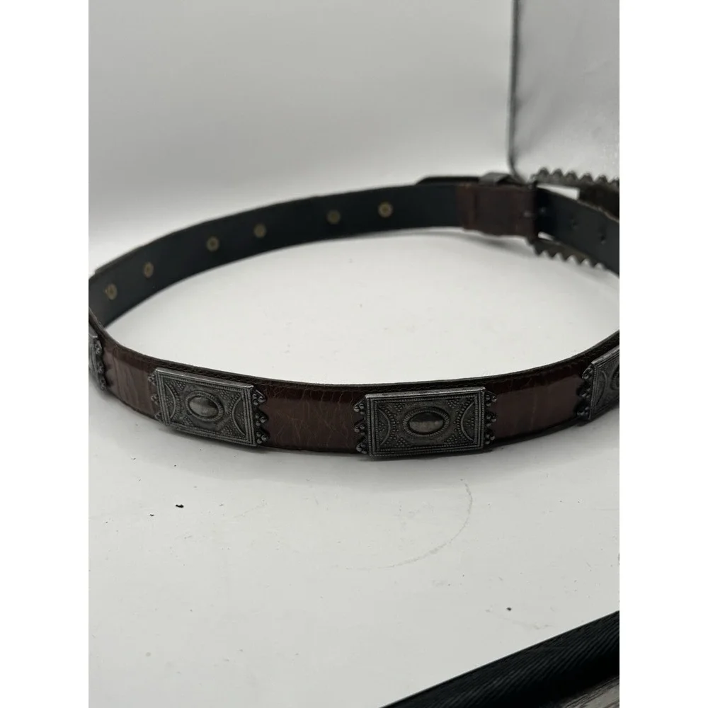 Vintage 80's Avignon Belt Sz M Brown Leather Silver Tone Buckle Fast Shipping